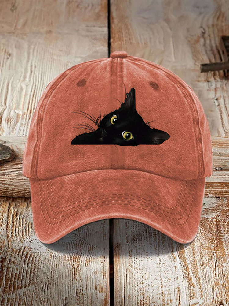 Japanese Art Black Cat Print Washed Hat  artssus