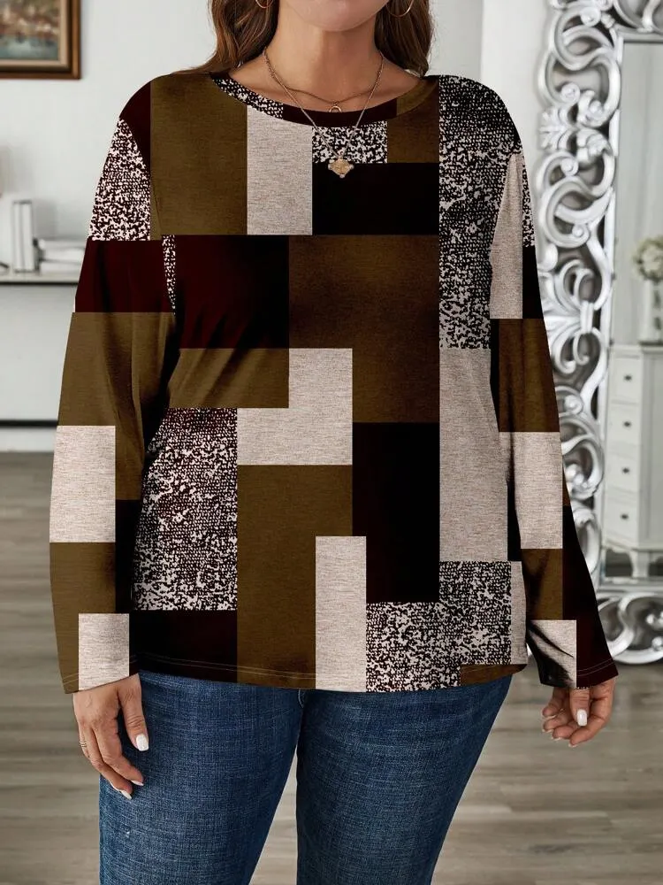Plus Size Womens Vintage Casual Color Block Print Round-neck Long Sleeve T-Shirt Autumn