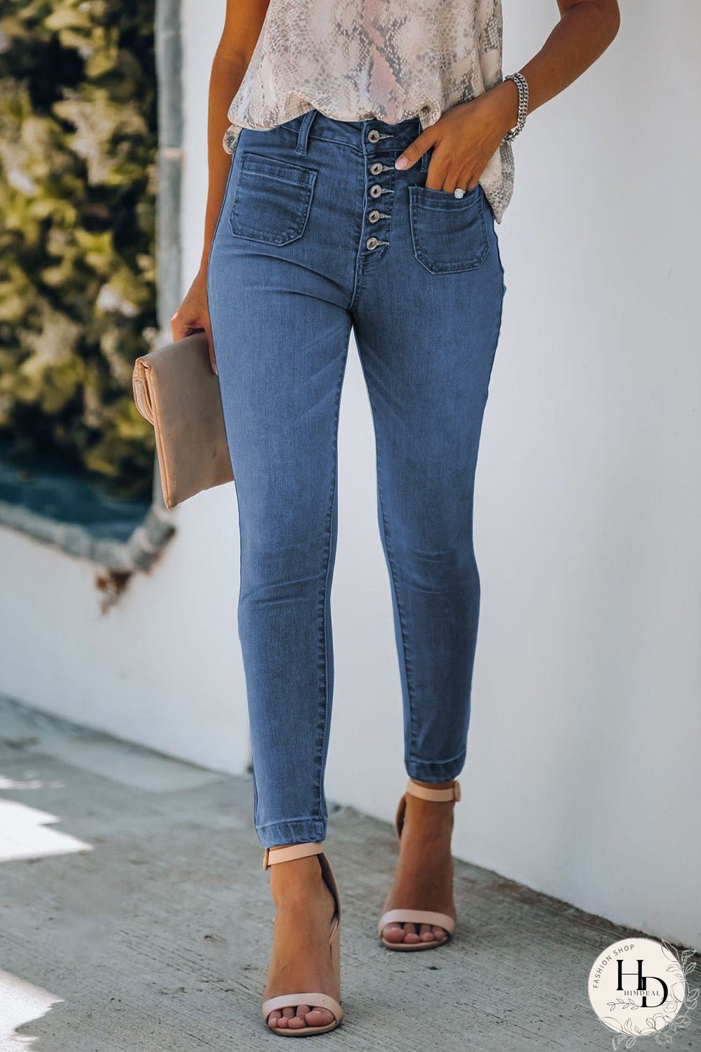 Button Fly Skinny Jeans with Pockets