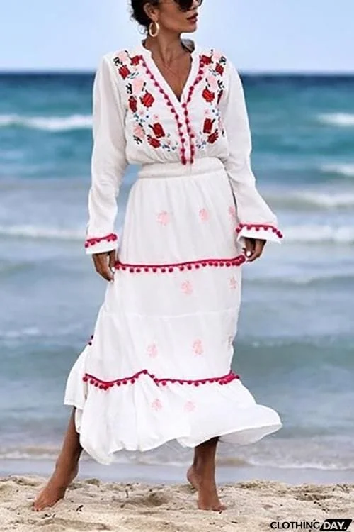 Embroidery Pom Pom Maxi Dress
