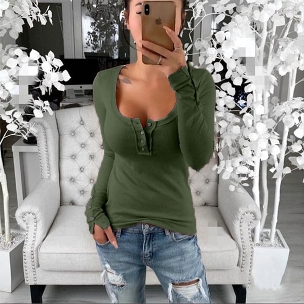 Autumn and Winter Tops Plus Size Fashion Clothes Women's Casual Long Sleeve Tee Shirts Ladies Blouses Solid Color Bodycon Shirts V-neck Pullovers Slim Fit Button Up Cotton T-shirts XS-8XL - Shop Trendy Women's Fashion | TeeYours