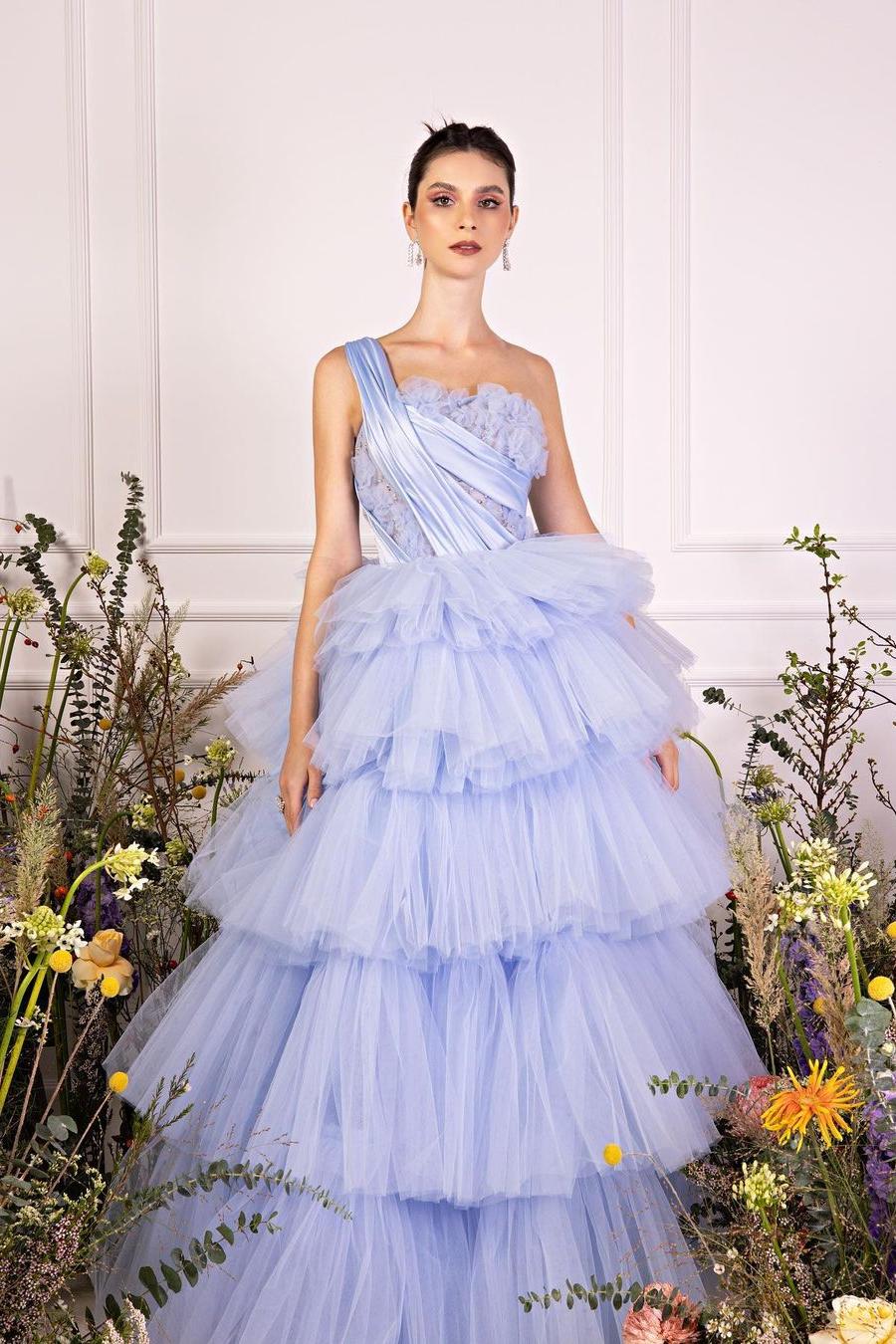 Lvs&Broner Tulle Lavender Sleeveless One Shoulder Ball Gown Long Prom Dress
