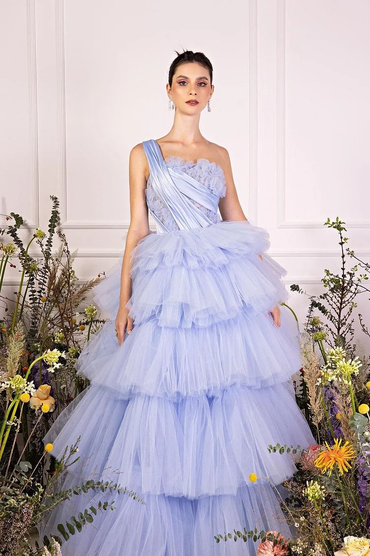 Lavender Tulle One Shoulder Sleeveless Ball Gown Long Prom Dress XJ0219