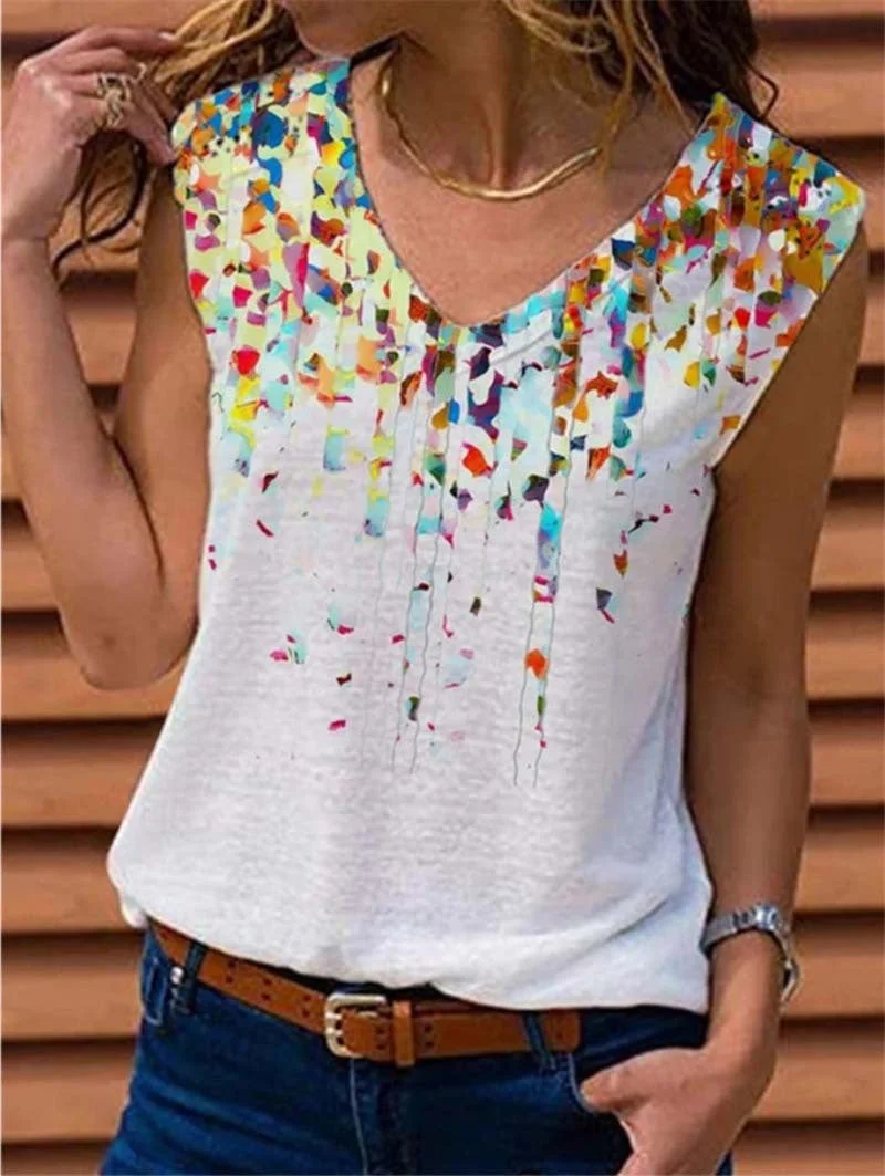 Uveng Loose Sleeveless V-neck Printed Vest T-shirt