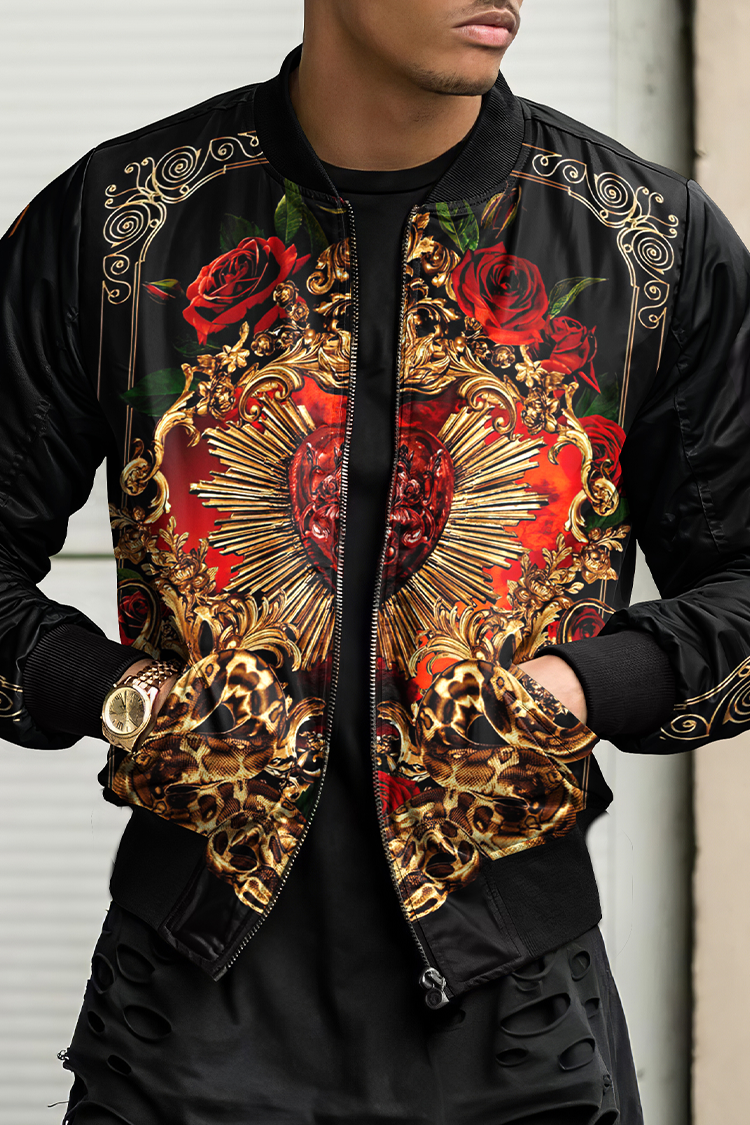 Tiboyz Fashion Black Gold Rose Baroque Baseball Jacket