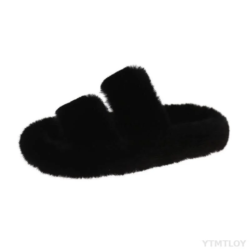 Winter Women House Furry Slippers Fashion Faux Fur Warm Shoes Slip On Flats Female Home Slides Black Plush Indoor Ytmtloy