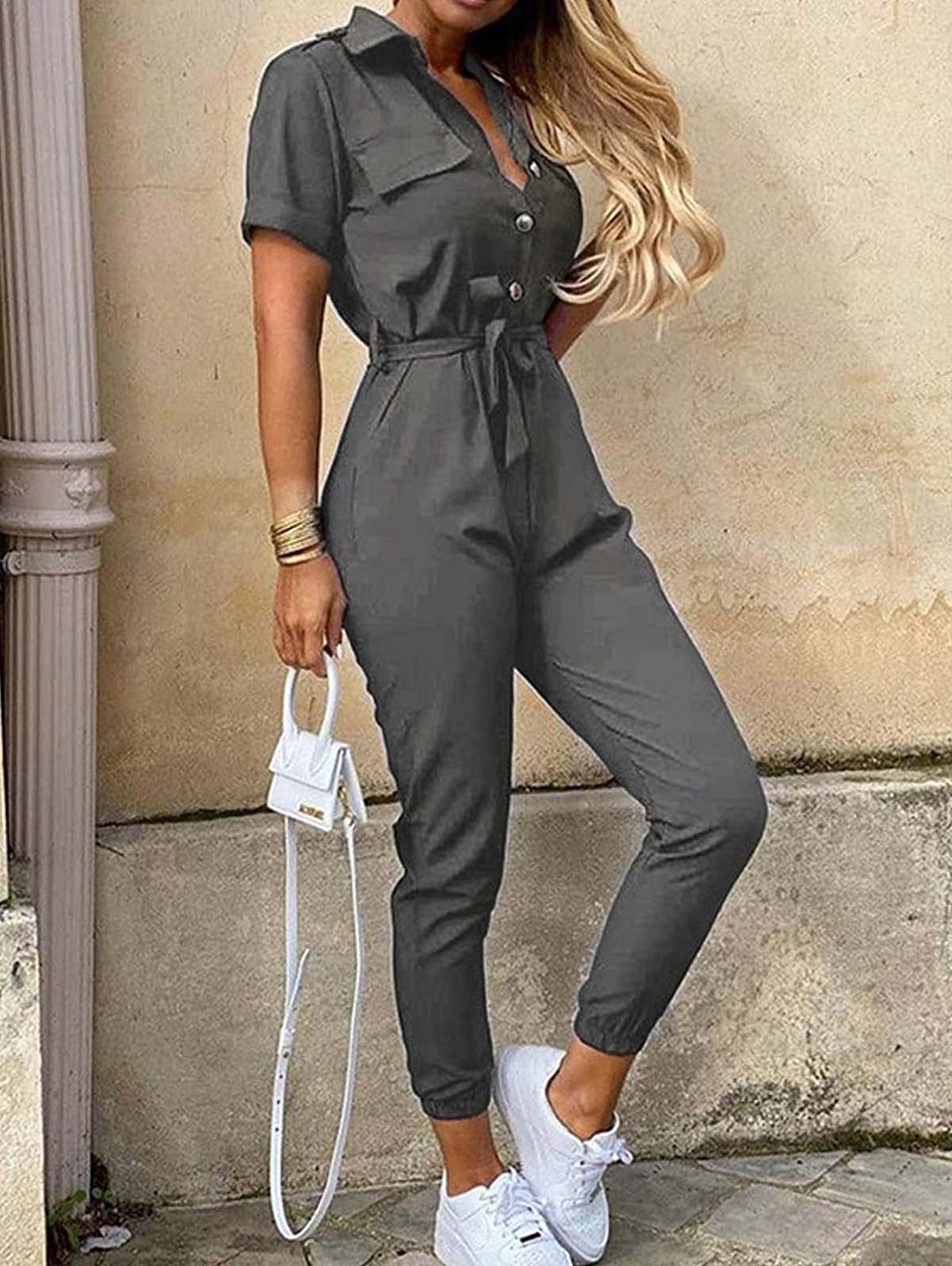 Printed Lapel Collar Tie Front  Casual Jumpsuit
