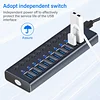 USB Hub, Aluminum 10-Port USB 3.0 Hub With 10 USB 3.0 Data Transfer Ports, USB Splitter With Individual Switch And 60W (12V/5A) Power Adapter
