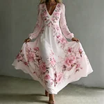 Women's Vintage Rose Printed Art V-neck Long Sleeve Maxi Dress - Image 2