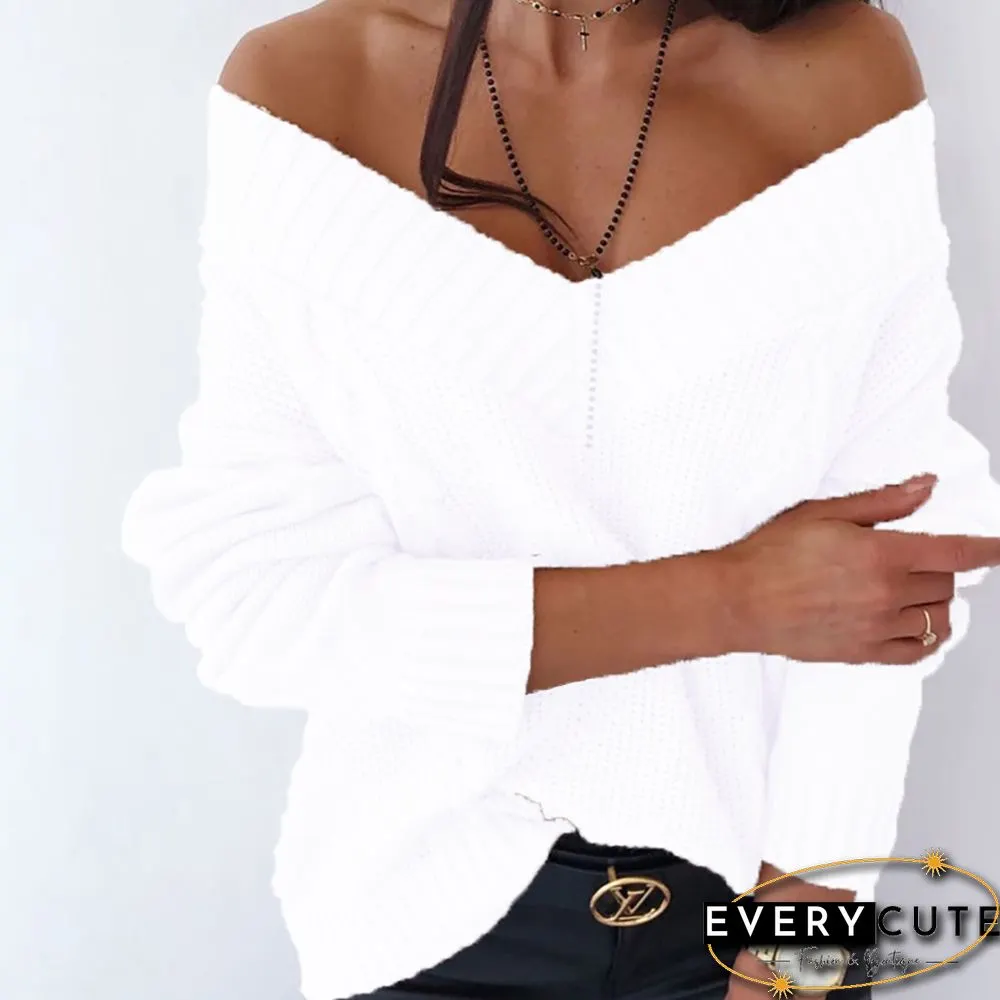 White Off Shoulder Cable V Neck Sweater