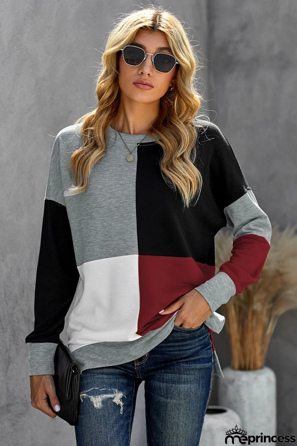 Color Block Round Neck Long Sleeves Pullover Sweatshirt