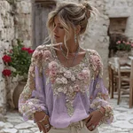 Women's Vintage Pink Rose Embroidery Art Round Neck Linen Blend T-shirt - Image 4