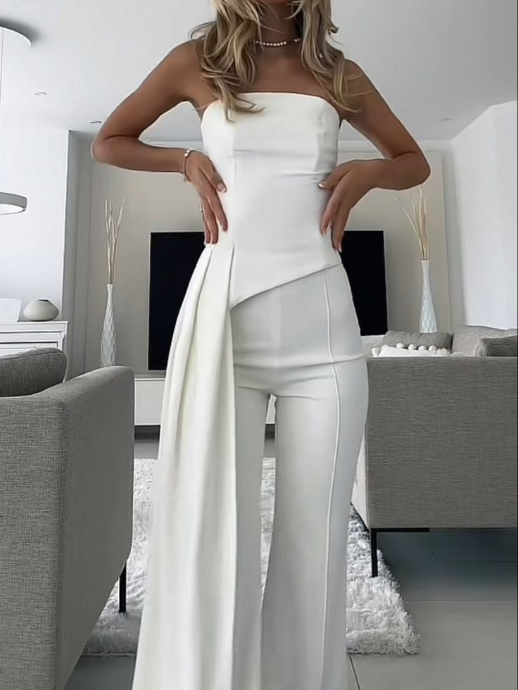 Oknass Charming White Satin Strapless Sleeveless High Waist Long Jumpsuit with Train