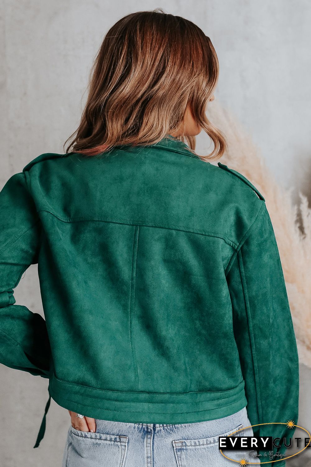 Green Faux Suede Button Down Cropped Jacket
