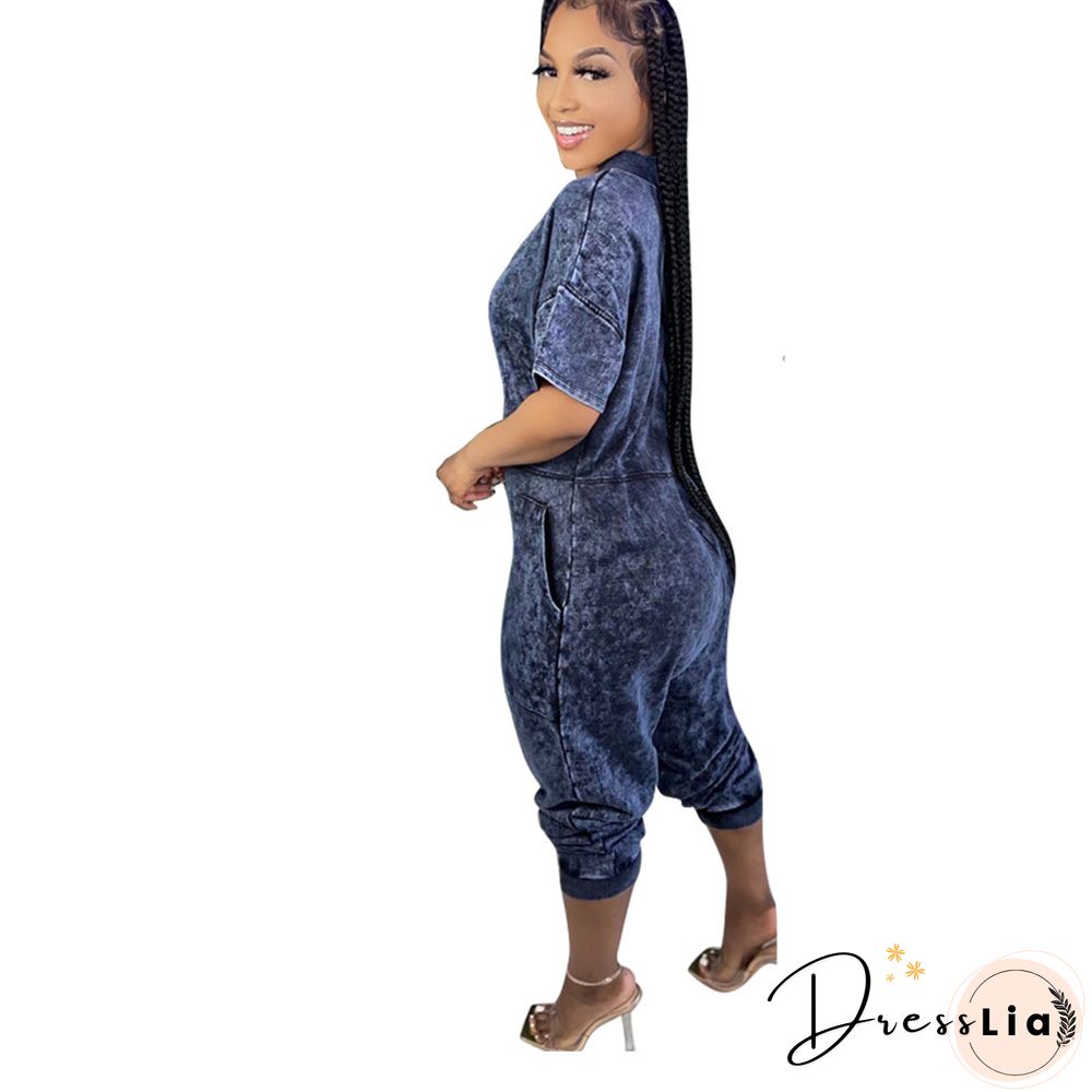 Loose Short Sleeve V Neck Long Harem Jumpsuits