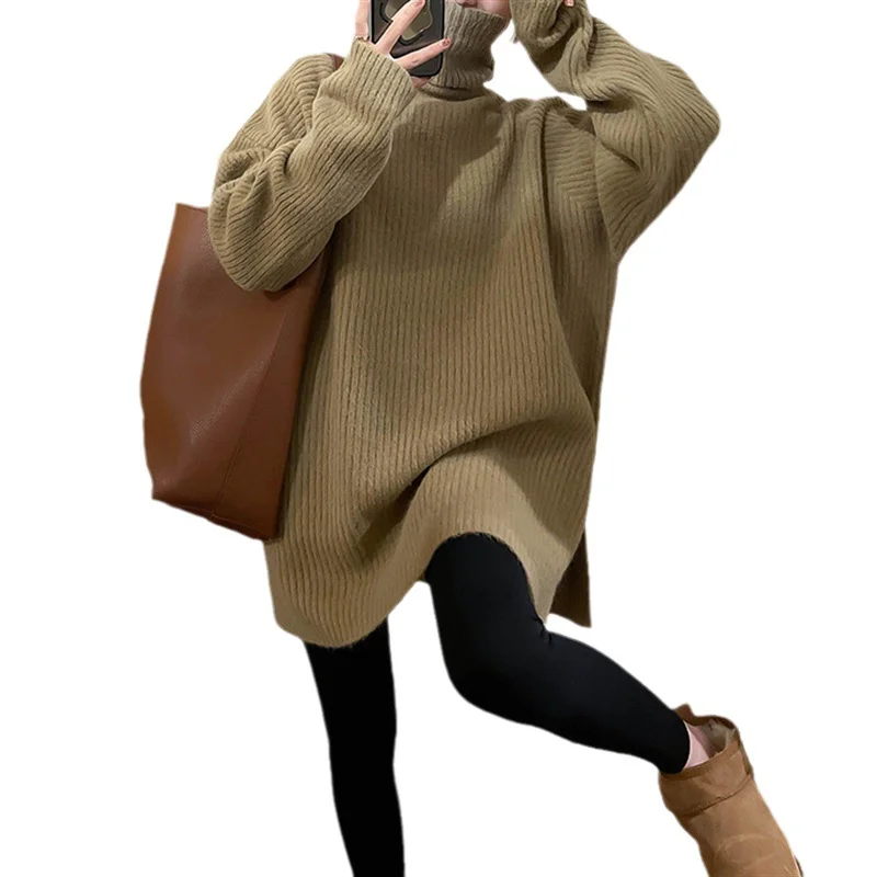 Churchf Churchf Wind Autumn Winter New High Collar Sweater Long Sleeve Solid Color In The Long Money Female Jacket Versatile Show Thin Female Sweater Female