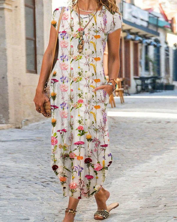 Round Neck Casual Loose Floral Print Short Sleeve Maxi Dress