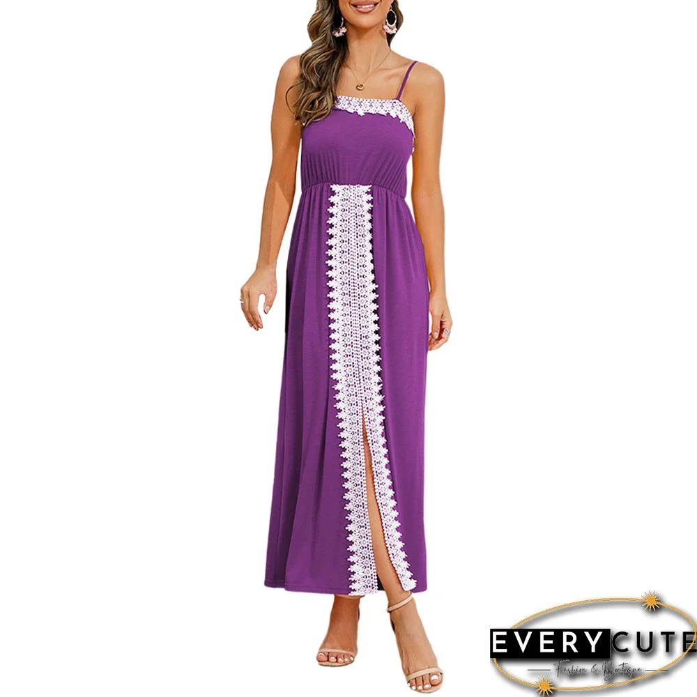 Purple Spliced Lace Trim Spaghetti Straps Dress