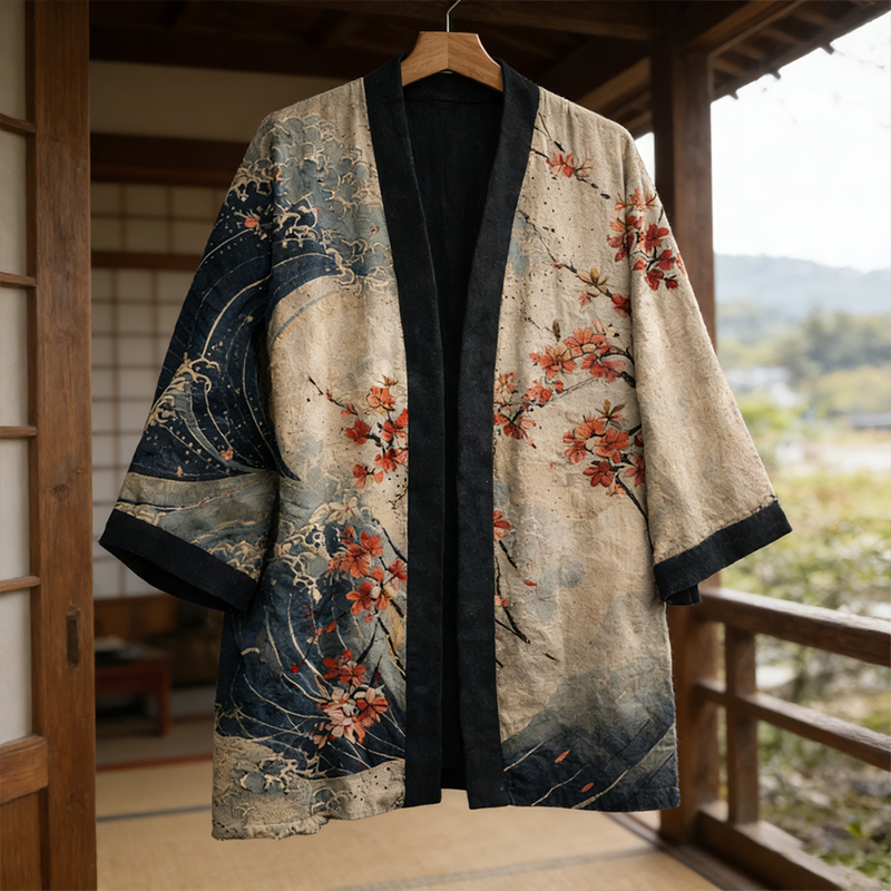 Japanese Flowers And Waves Art Linen Blend Kimono Cardigan  artssus