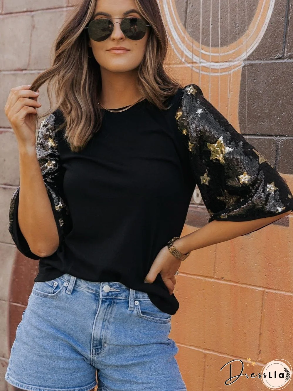 Black Star Sequin Embellished Half Sleeve Knit Top