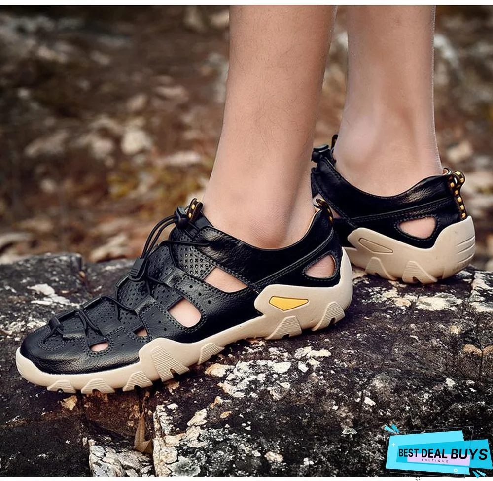 Men's Cow Genuine Leather Sandals Breathable Casual Shoes Footwear Walking Beach Sandals