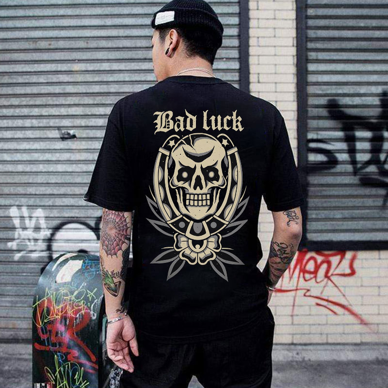 BAD LUCK Skull with Flowers Black Print T-Shirt