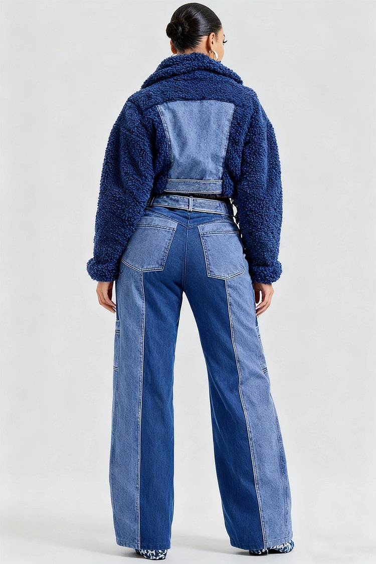 Xpluswear Design Plus Size Party Fleece Blue Colorblock Turndown Collar Long Sleeve Pocket Casual Contrast Denim Two Piece Pant Sets [Pre-Order]