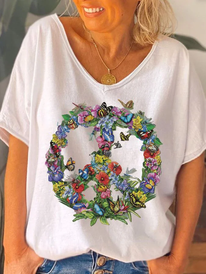 Hippies Flower Ring Design Simple Daily T-shirt