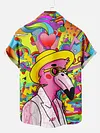 Psychedelic Colorful Vacation Rock Flamingo Printing Hawaiian Short Sleeve Shirt