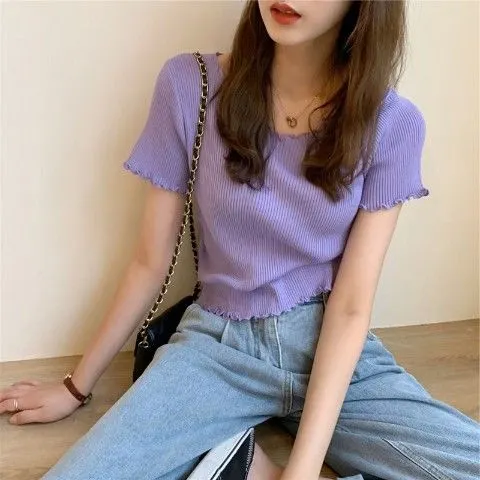 T-shirts Women Summer Lovely Korean Preppy Style Basic Edible Tree Fungus Sweet Girl Solid Tops Thin Knitted Short Sleeve Skinny