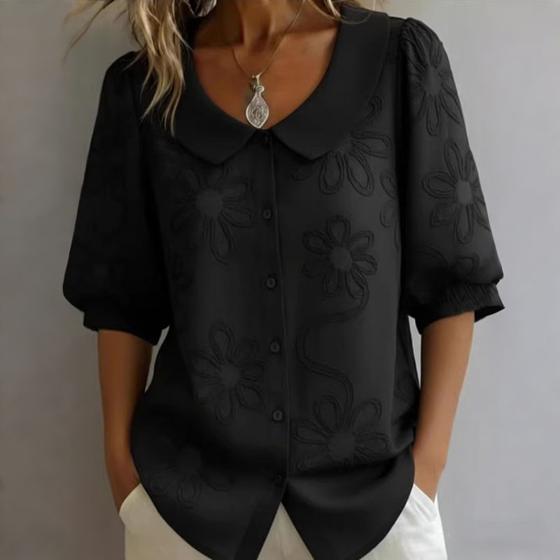 Comstylish Loose Vintage Button Embroidered Floral Mid-sleeve Shirt