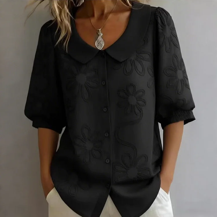 Loose Vintage Button Embroidered Floral Mid-sleeve Shirt