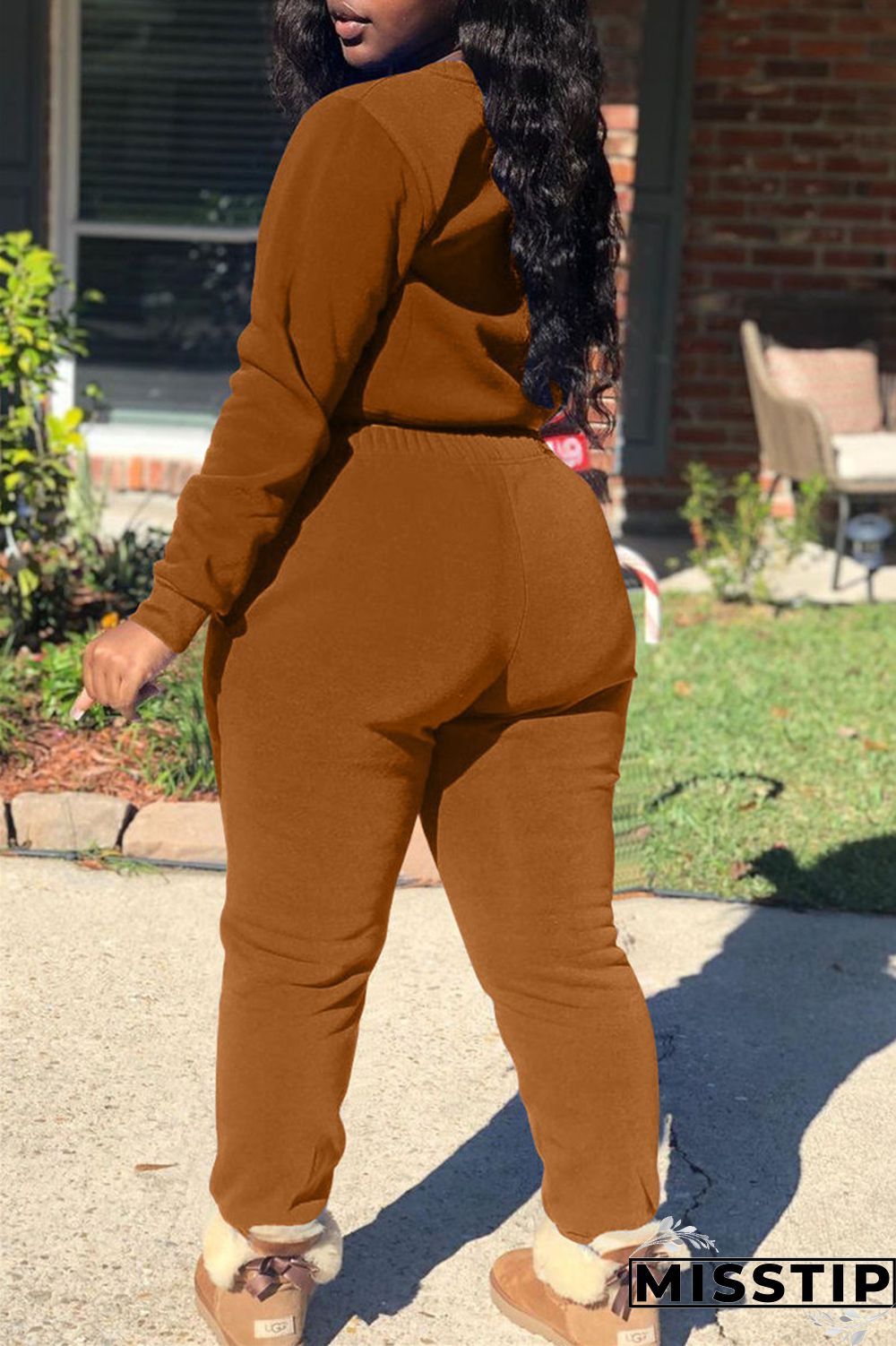 Coffee Fashion Casual Solid Basic O Neck Long Sleeve Two Pieces