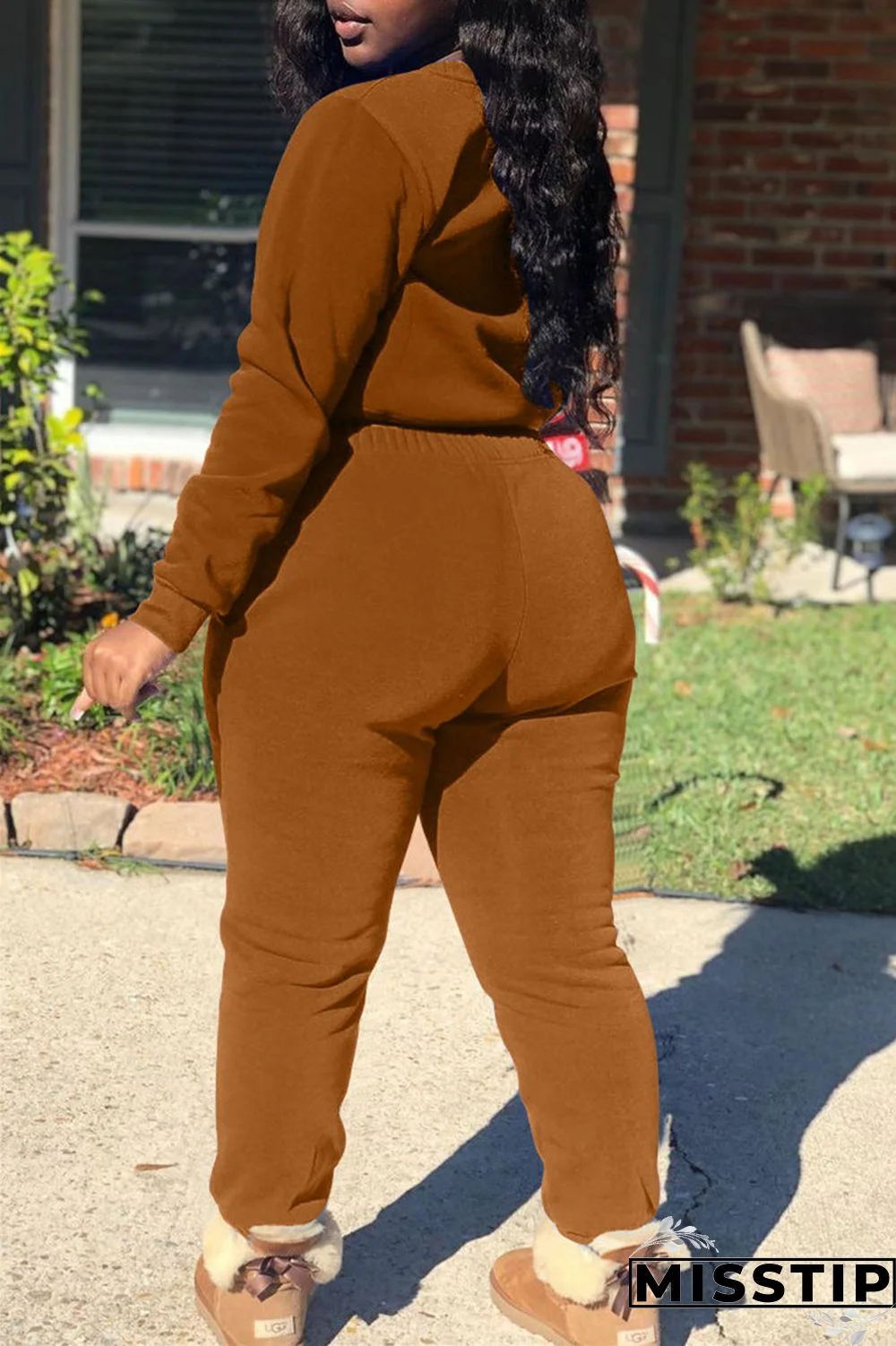 Coffee Fashion Casual Solid Basic O Neck Long Sleeve Two Pieces