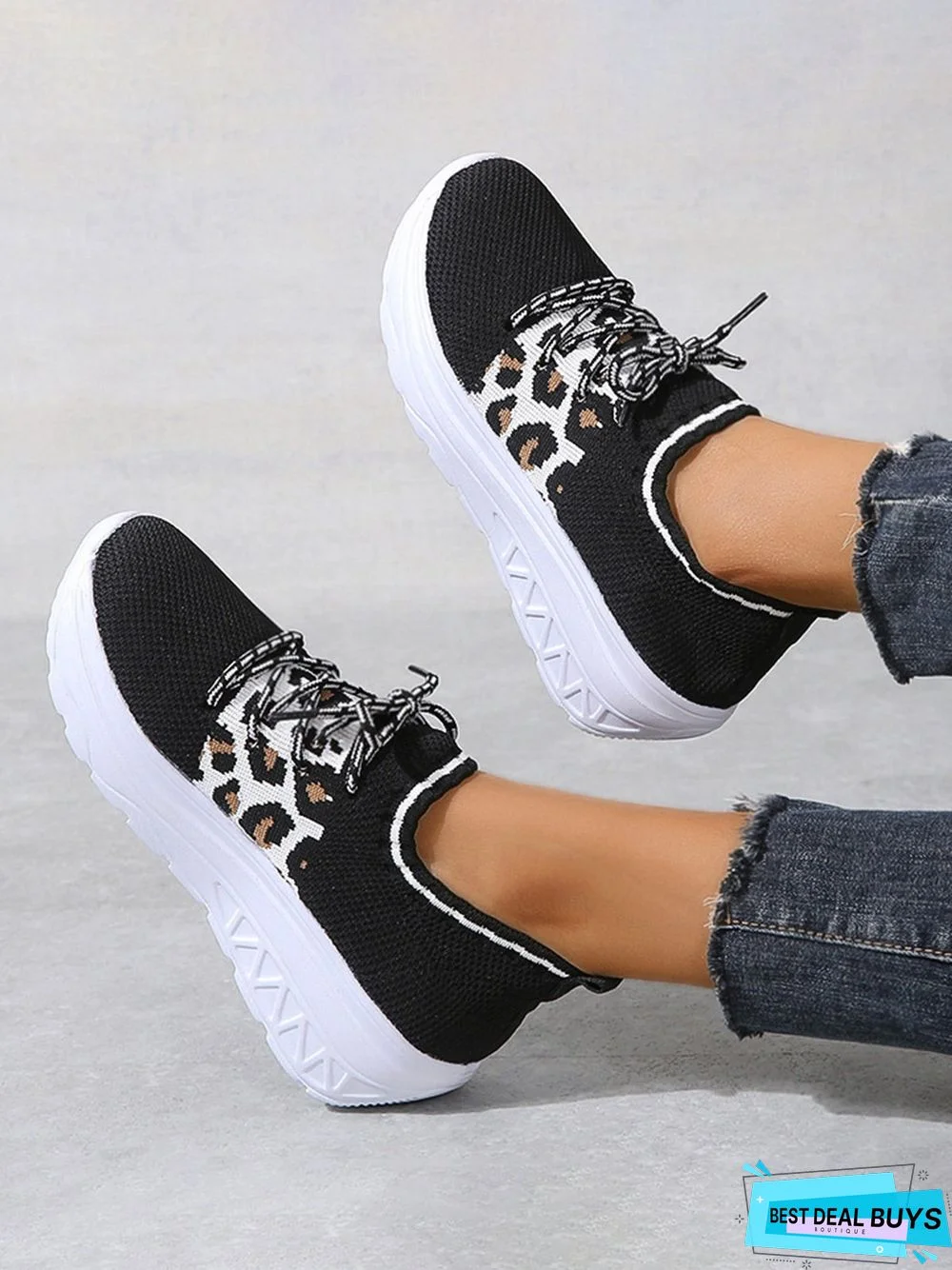 Breathable Leopard Mesh Fabric Slip On Sneakers