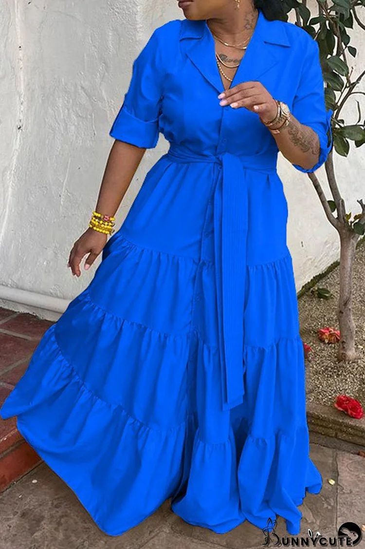 Blue Casual Solid Bandage Patchwork Buckle Turndown Collar Straight Dresses