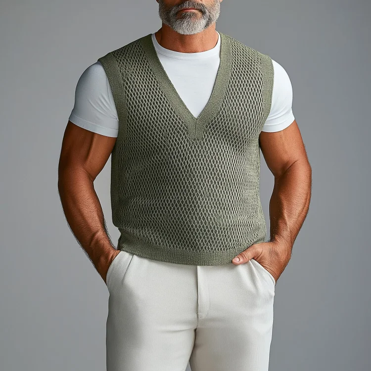 Men's Textured Knit V Neck Sleeveless Vest