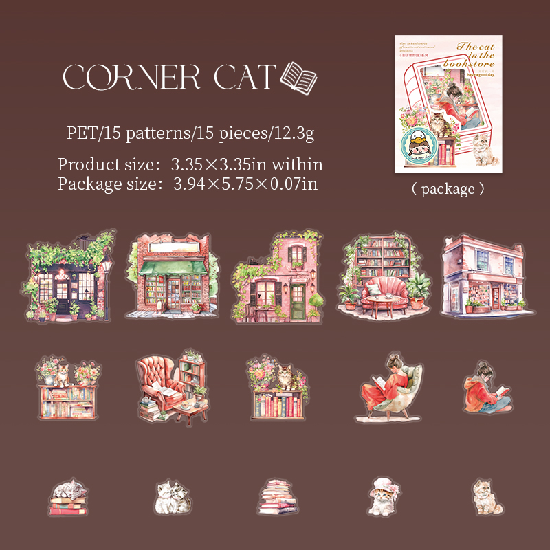 PET Sticker - The Cat in The Bookstore Series Vintage Character Landscape 