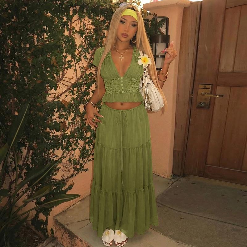 Women Summer Short Sleeve V Neck Tops Long Skirt Beach Vacation Chiffon Two Piece Set Outfit Women Summer Short Sleeve V Neck Tops Long Skirt Beach Vacation Chiffon Two Piece Set Outfit