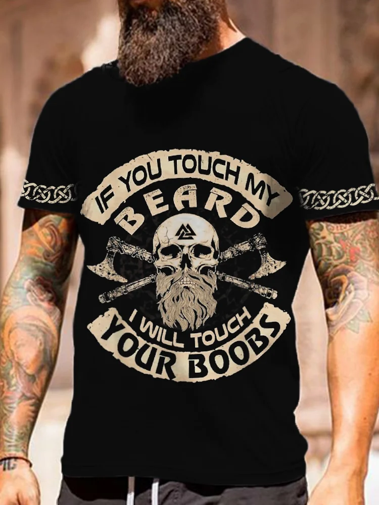 BrosWear Men's If You Touch My Beard Viking Skull T Shirt