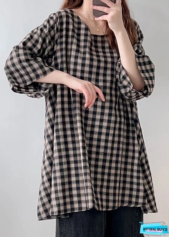 Vintage Black White Plaid Oversized Linen Long Tops Half Sleeve