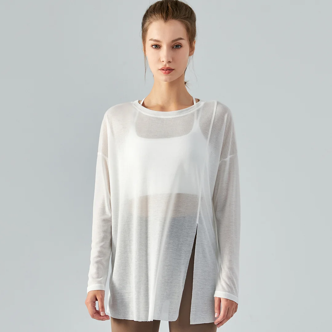 Buy Hergymclothing White ladies see through long style tencel skin friendly sustainable loose cool smooth gym t shirt smock online