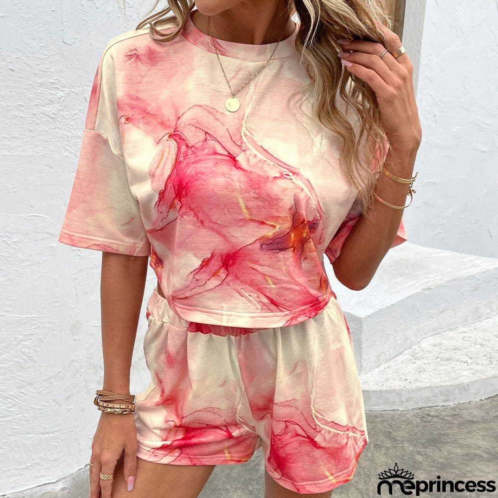 Printed Round Neck Dropped Shoulder Half Sleeve Top and Shorts Set