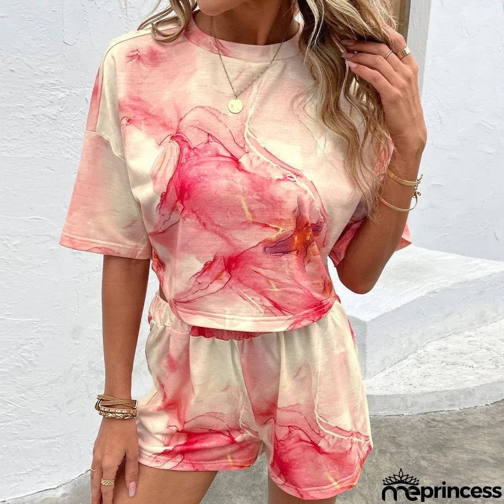 Printed Round Neck Dropped Shoulder Half Sleeve Top and Shorts Set
