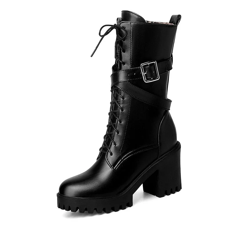 Gdgydh Women Mid-calf Boots Round Toe Thick High Heel Platform Shoes Soft Leather Punk Female Motorcycle Boots Plus Size 34-43