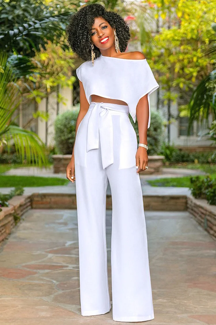 Boat Neck Asymmetric Top Sash Wide Leg Pants 2pcs Set-White [Pre Order]