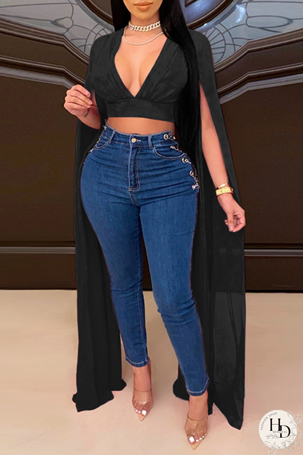 Black Casual Solid Patchwork V Neck Tops