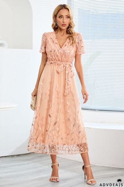 Sequin Leaf Embroidery Tie Front Short Sleeve Dress
