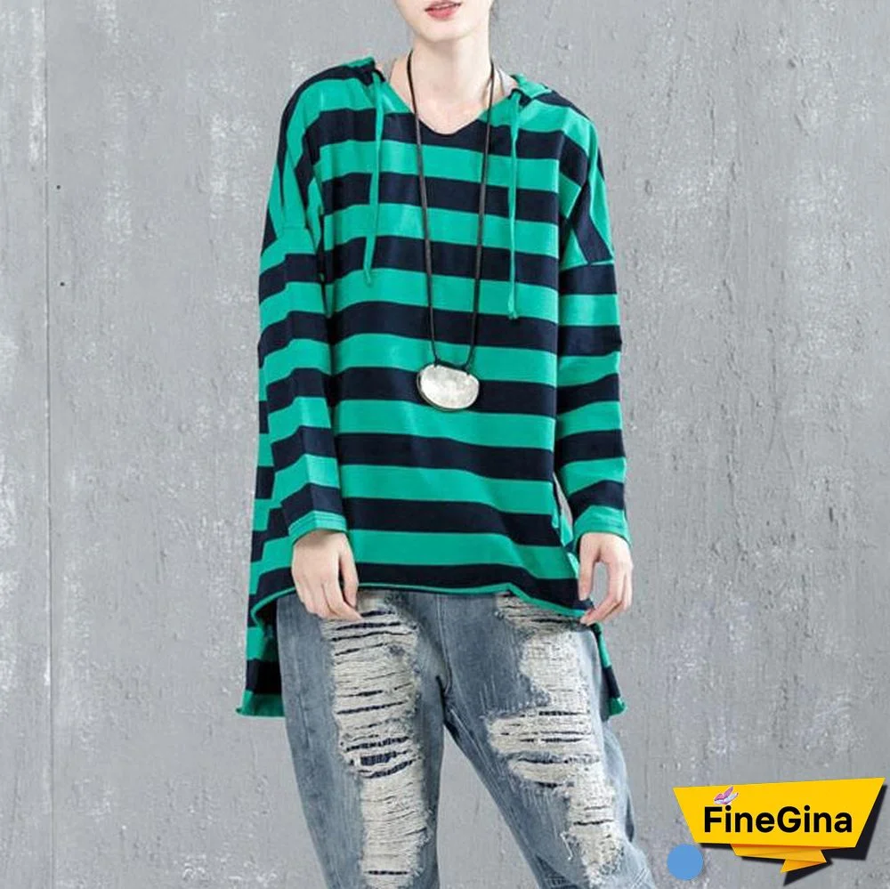 fine cotton blouse Loose fitting Casual Bat Sleeve Hooded Stripe Shirt