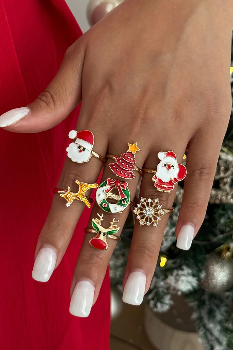 Christmas Tree Snowflake Santa Claus Deer Wreath Pattern Adjustable 7Pcs Ring Set 2024 - Xpluswear
